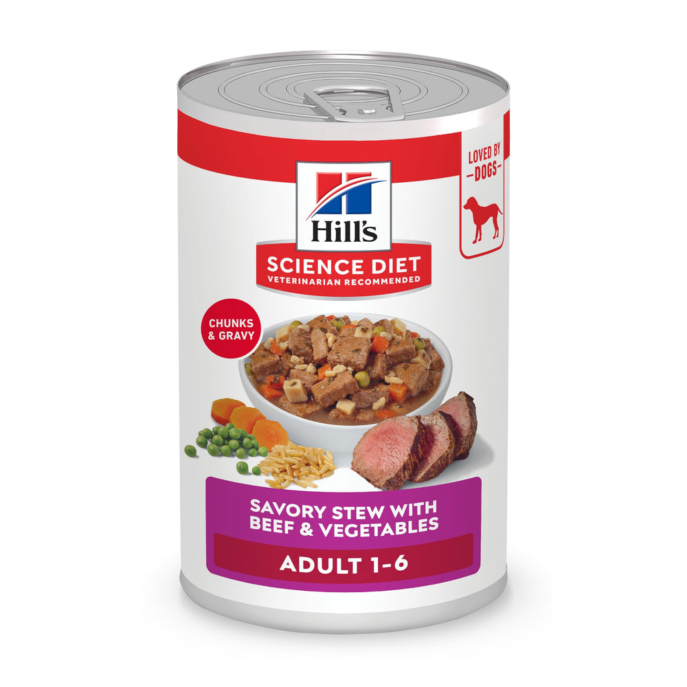 Hill's Science Diet boîte devant montrant la recette bœuf et légumes et appétit garanti
