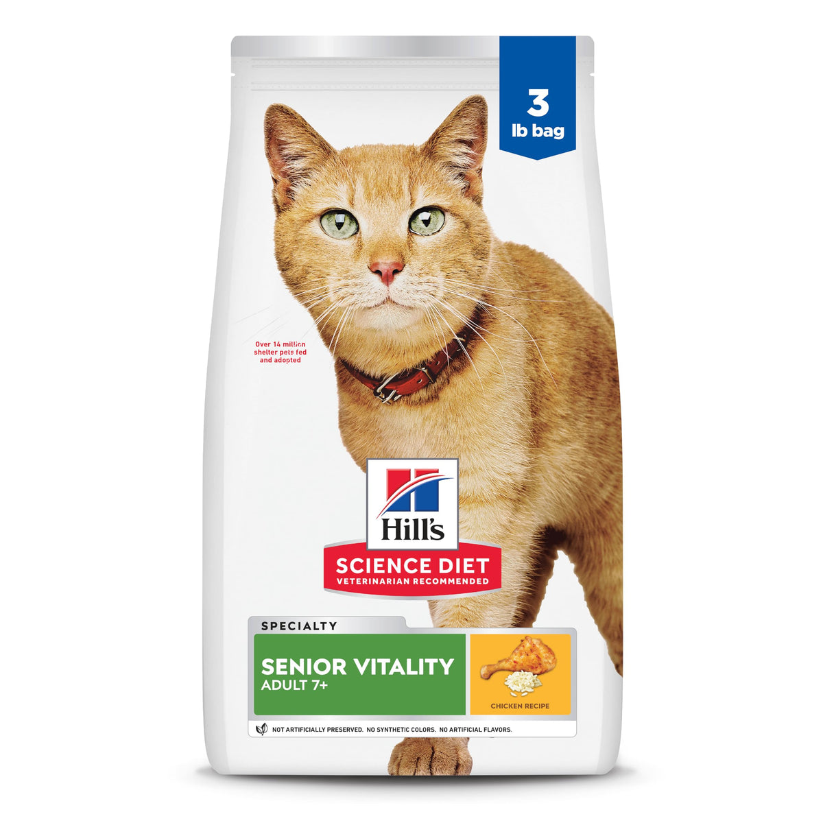 Hill's Science Diet emballage avant montrant la recette Senior Vitality et apport nutritif