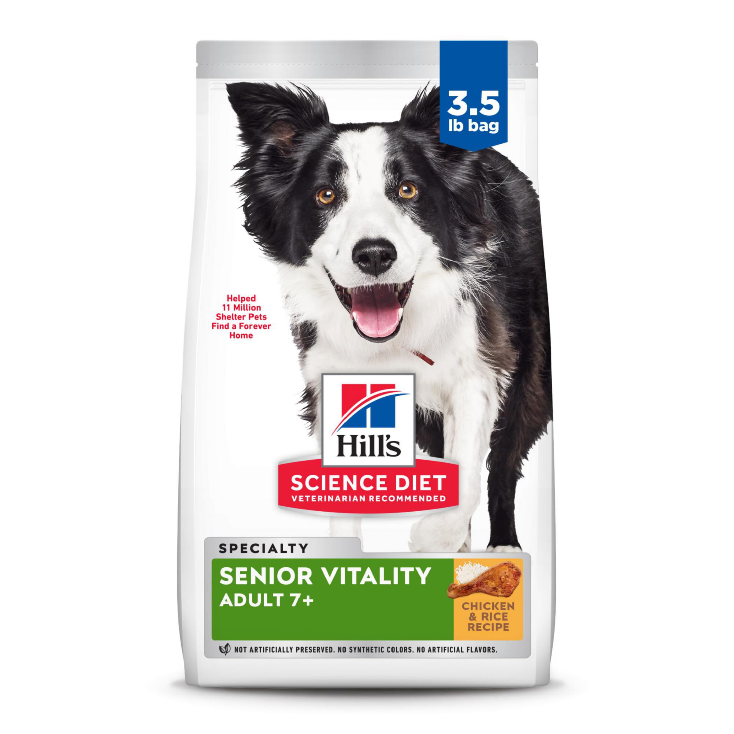 Hill's Science Diet emballage avant montrant la recette senior et bénéfice vitalité
