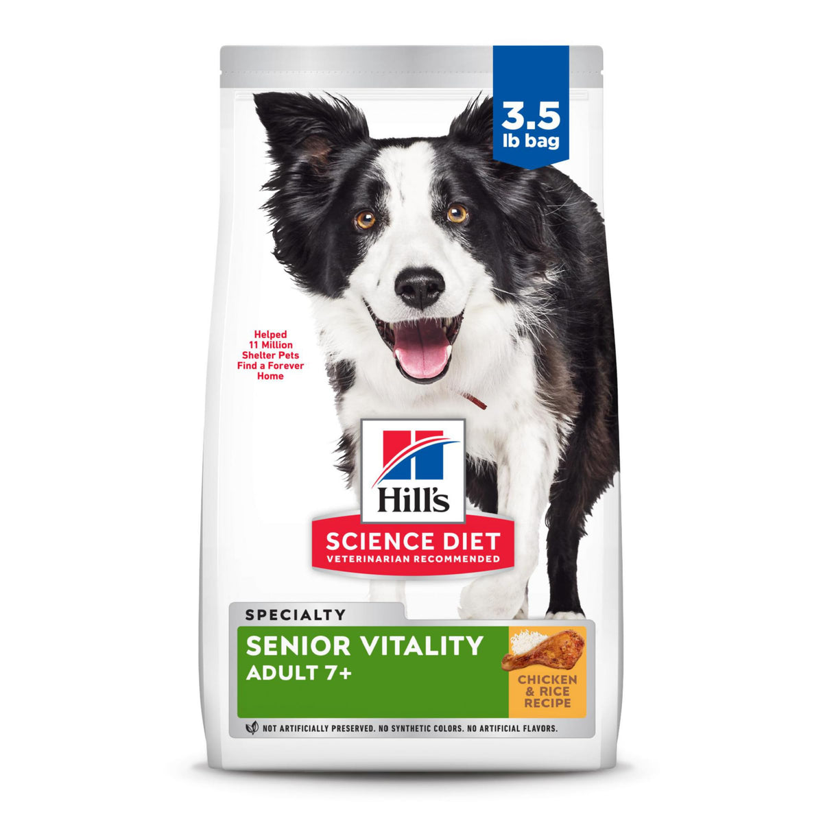 Hill's Science Diet emballage avant montrant la recette senior et bénéfice vitalité