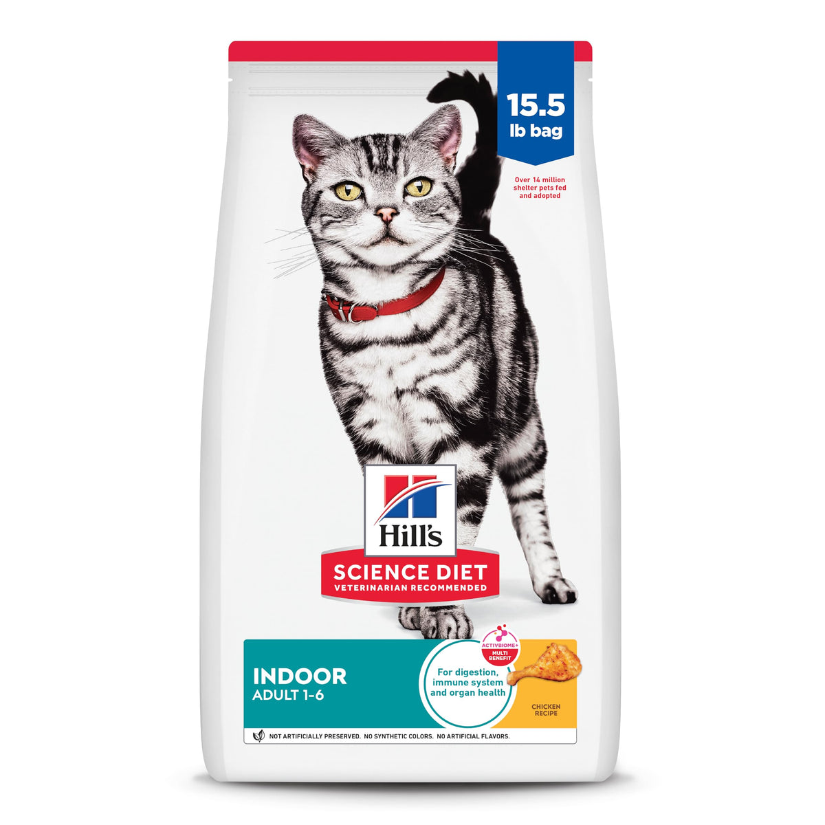 Hill's Science Diet emballage avant montrant la formule Indoor et bénéfice digestion