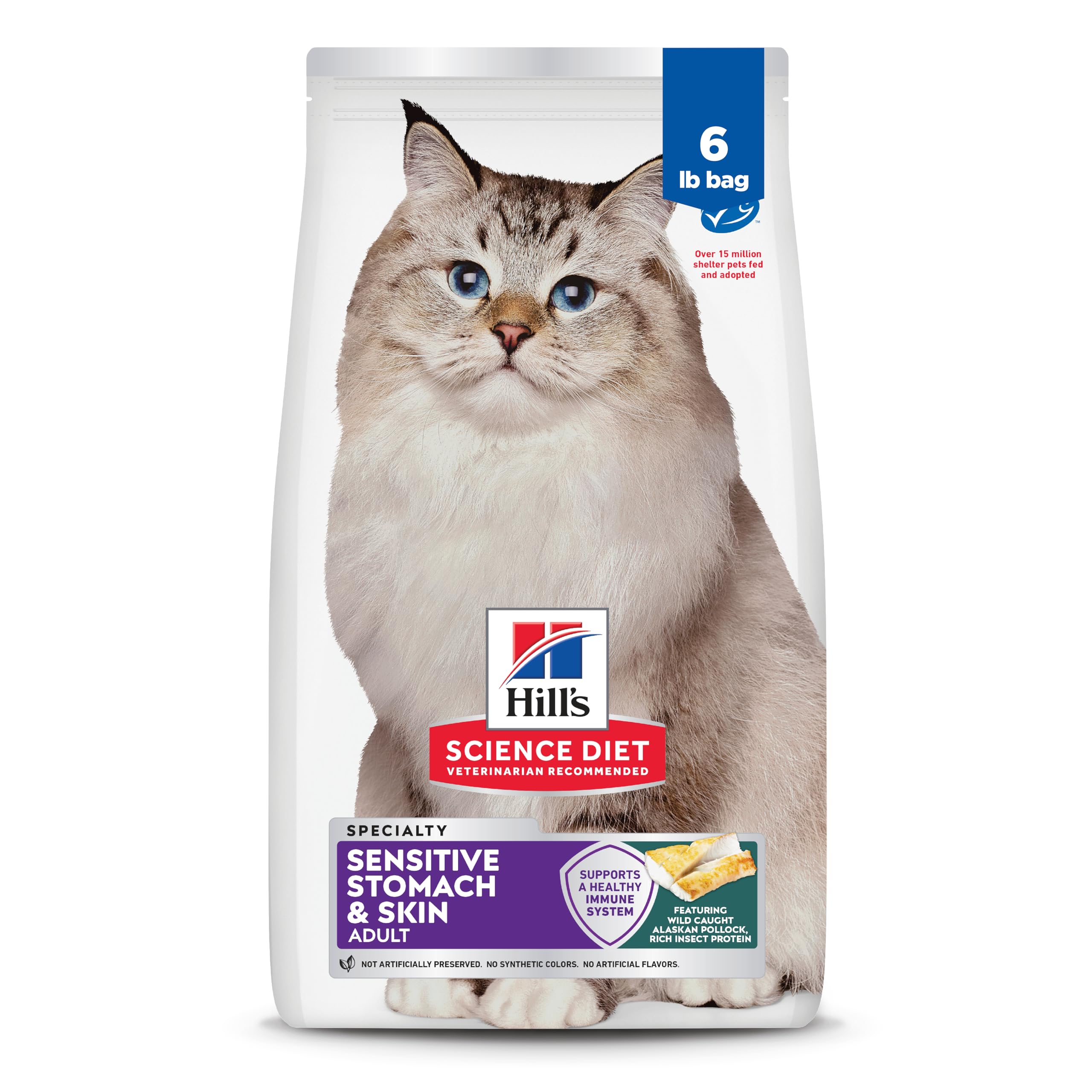 Hill's Science Diet emballage face montrant formule pour estomac sensible et peau