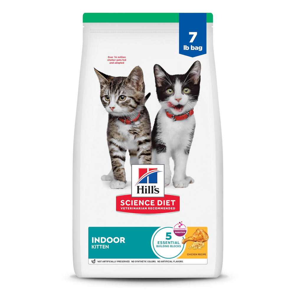 Hill's Science Diet emballage avant montrant la recette Kitten Indoor et bénéfice digestion