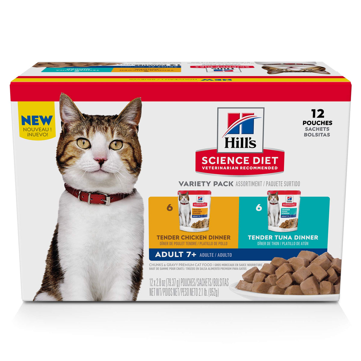 Hill's Science Diet pack avant montrant boîtes et sachets, calme et confiance