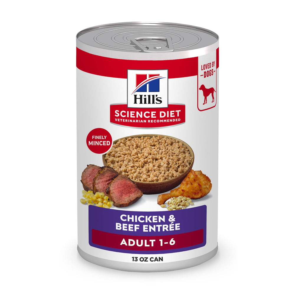 Hill's Science Diet emballage face montrant la recette poulet et bœuf, confiance qualité