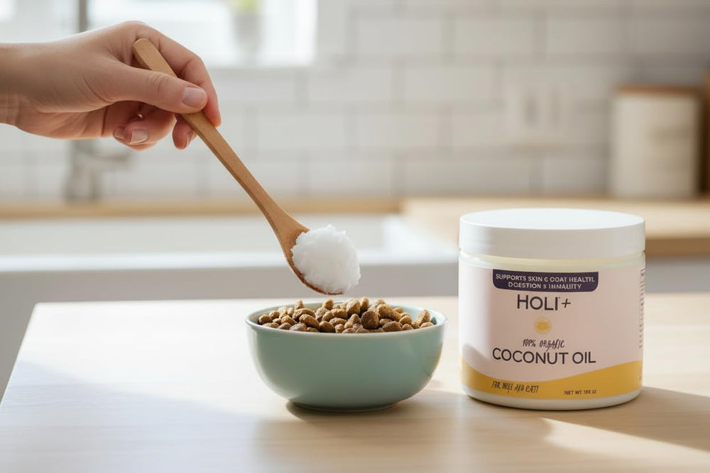 HOLI cuillère doseuse près du pot pour montrer le dosage adapté par taille