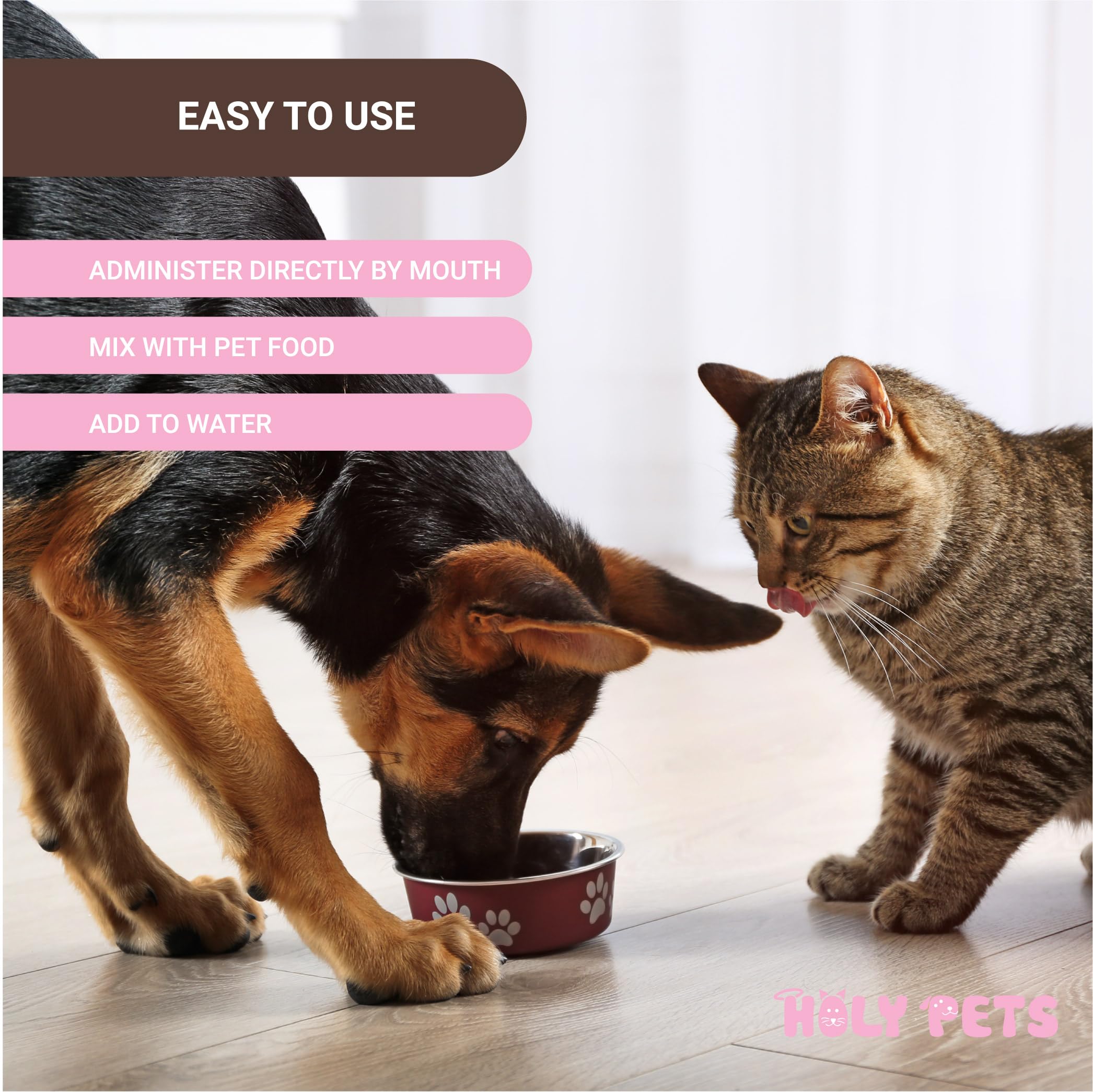 Holy Pets flacon à côté d'une mesure pour visualiser 2 oz et 2 ml
