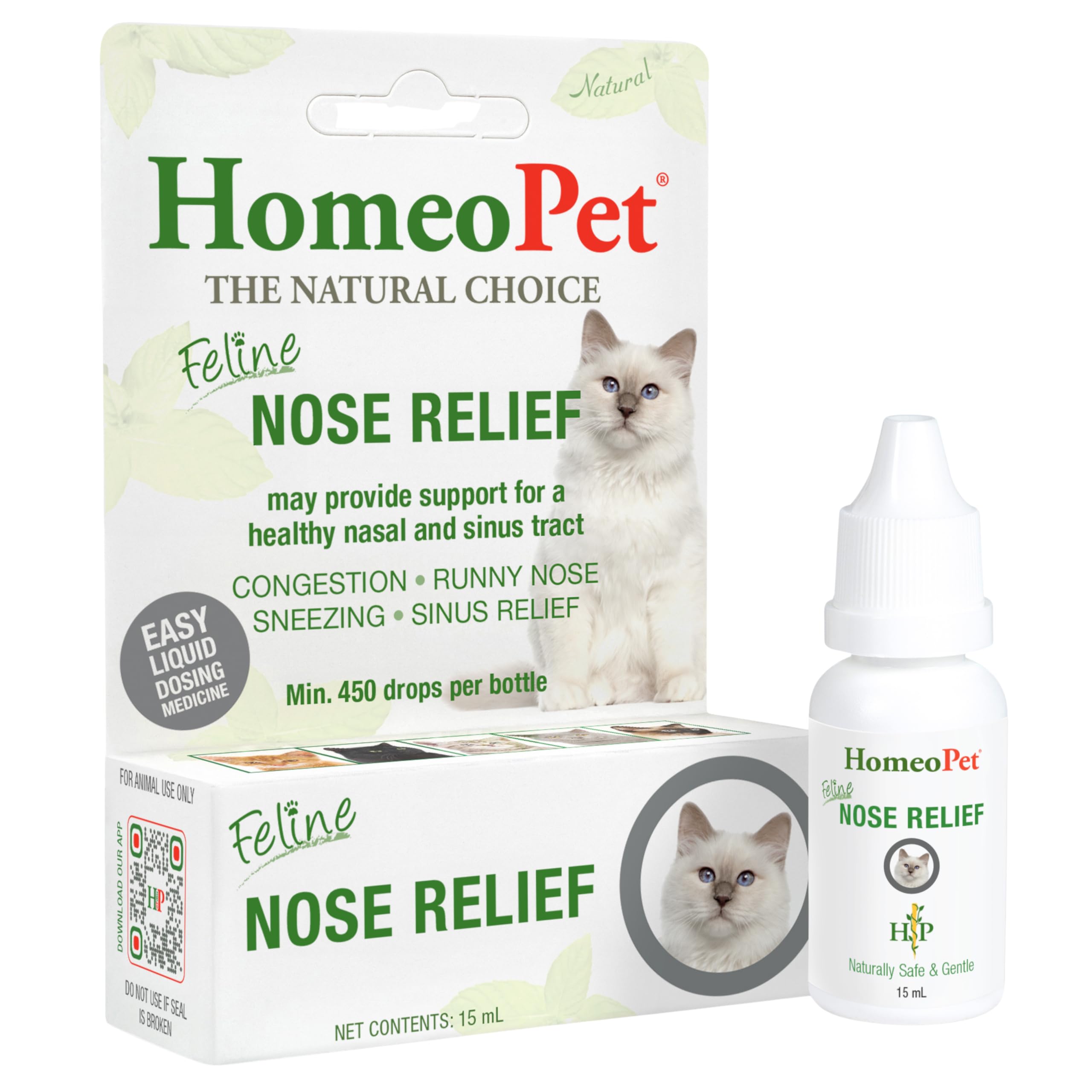 HomeoPet flacon avant montrant l'étiquette, apport de confort nasal