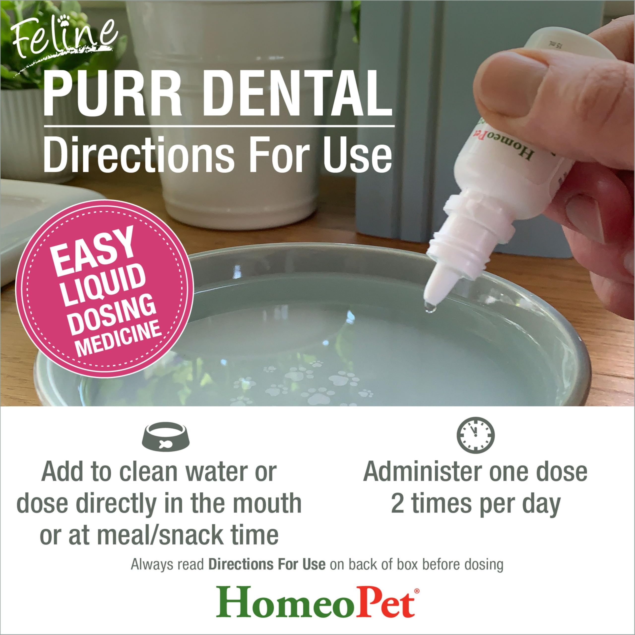 HomeoPet additif Feline Purr Dental versé dans un bol d’eau pour une administration simple