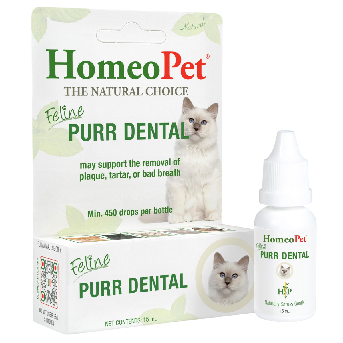 HomeoPet flacon Feline Purr Dental 15 ml montrant l’emballage et l’usage pratique