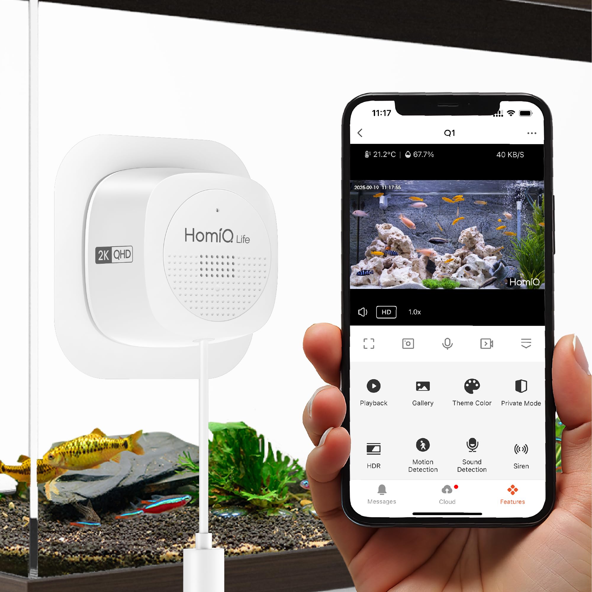HOMIQ LIFE face avant montrant design compact et connexion Wi‑Fi pour surveillance pratique
