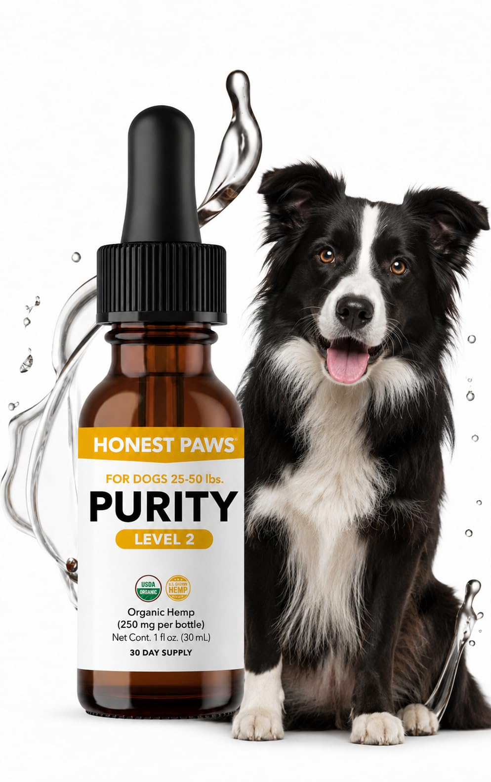 Honest Paws flacon vu de face montrant l'étiquette et dosage simple