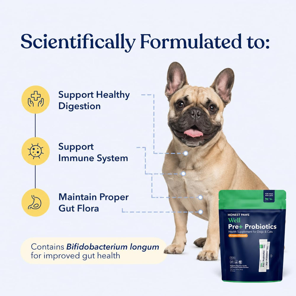 Honest Paws sachet ouvert avec poudre visible, bénéfice fraîcheur et dosage