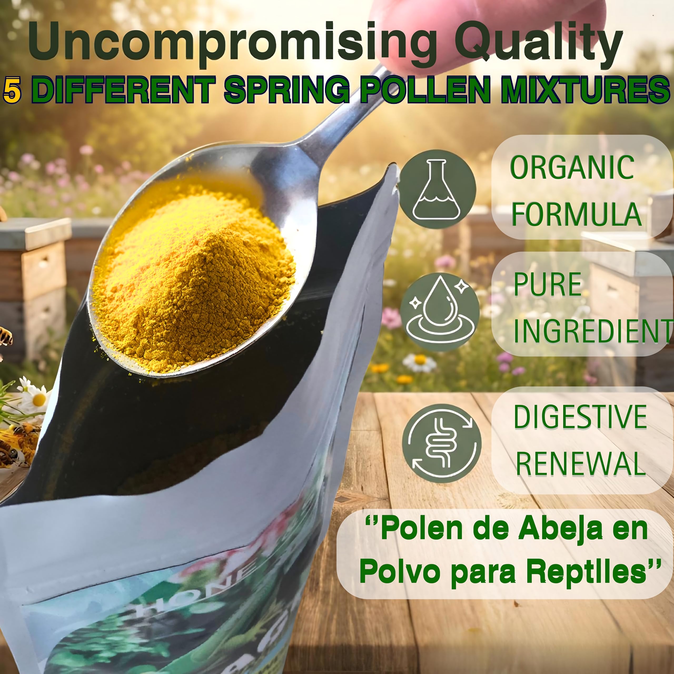 Pollen HONEY&SUN en main pour comparaison d'échelle, portion adaptée aux reptiles domestiques
