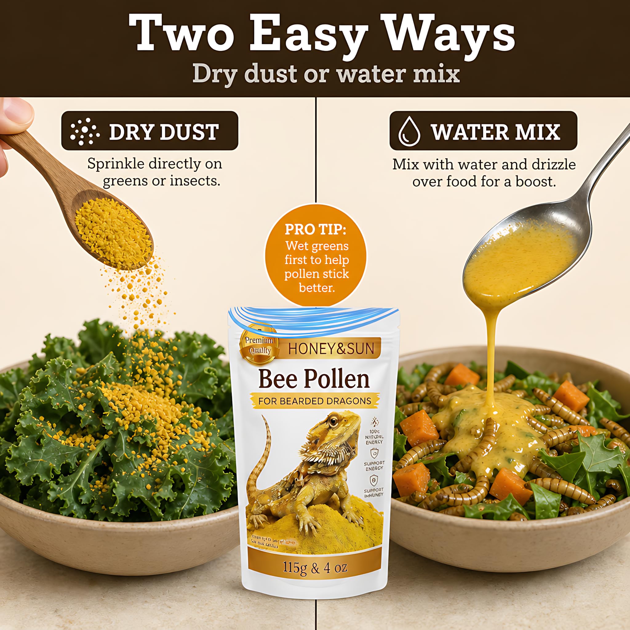 Cuillère contenant 1/4 de cuillère à café de pollen HONEY&SUN pour dosage précis et simple