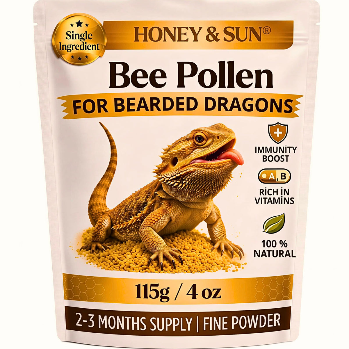 HONEY&SUN emballage frontal de pollen bio montrant 4 oz pour reptiles, assure attractivité