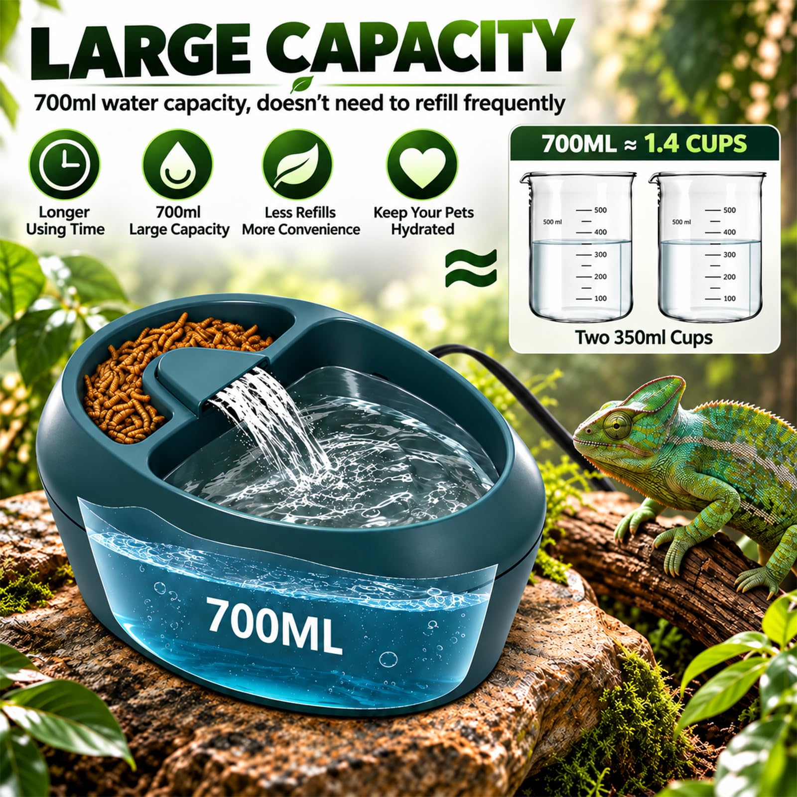 Hoqqf réservoir 700 ml à l'échelle montrant l'avantage capacité adaptée aux petits reptiles
