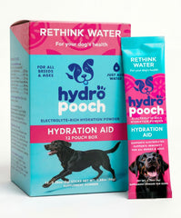 HYDRO POOCH emballage avant montrant sachets individuels et bénéfice praticité