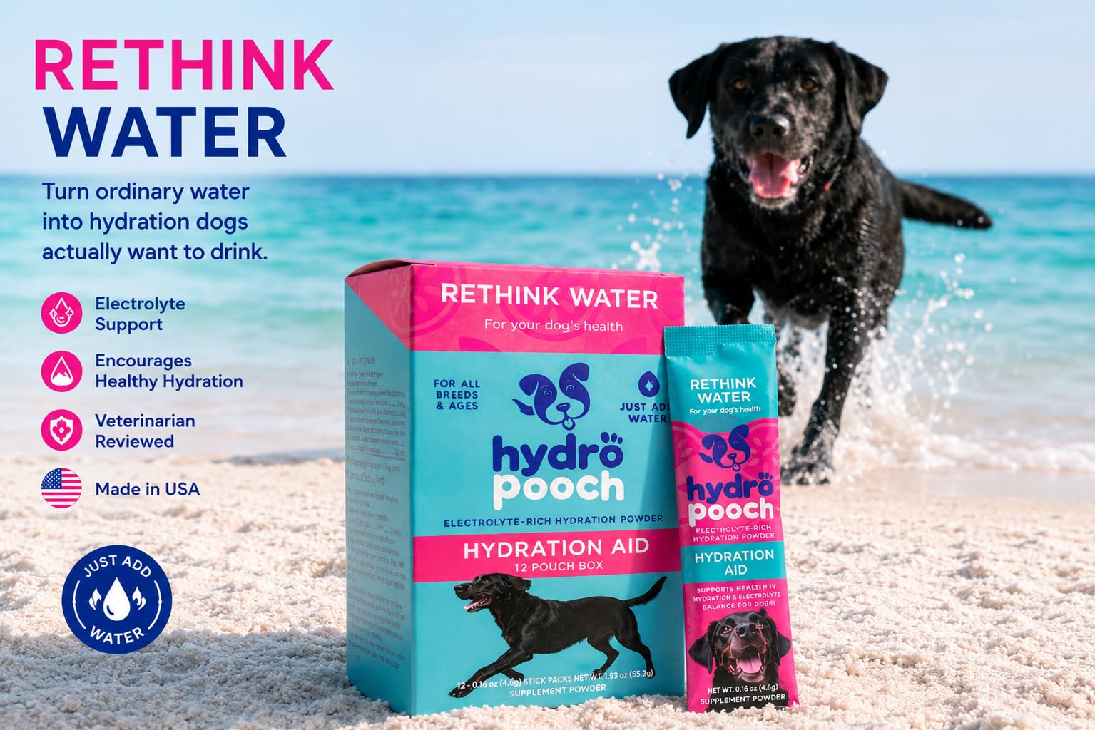 HYDRO POOCH ingrédients en gros plan montrant bouillon et pastèque pour goût