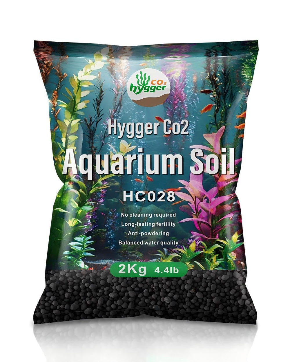 Hygger CO2 emballage avant montrant poids et bénéfices nutritifs