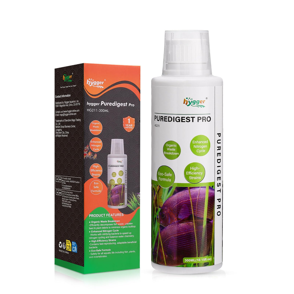hygger flacon 300 ml face montrant volume et utilité pour eau claire