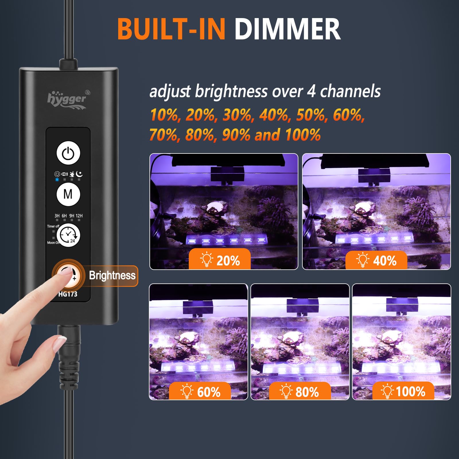 hygger gros plan sur LEDs U‑V et bleu révélant fluorescence et couleurs vives