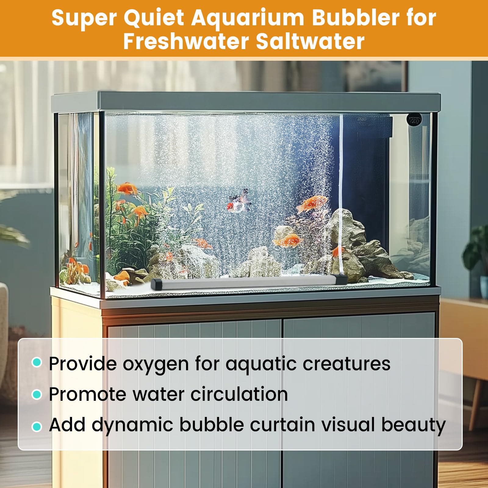 hygger bande montée au fond d'aquarium créant rideau de bulles visible