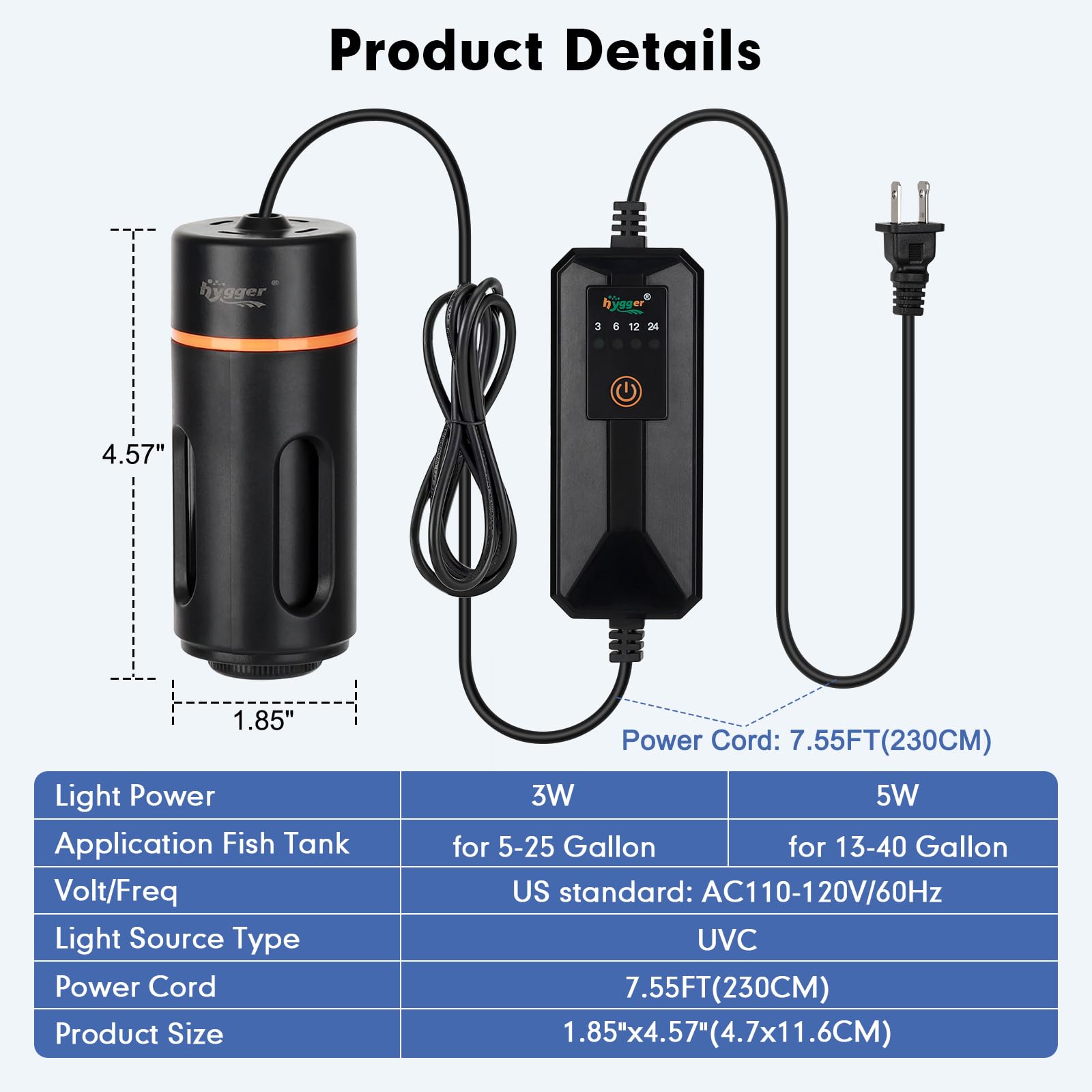 hygger lampe UV comparaison d'échelle montrant taille et compatibilité