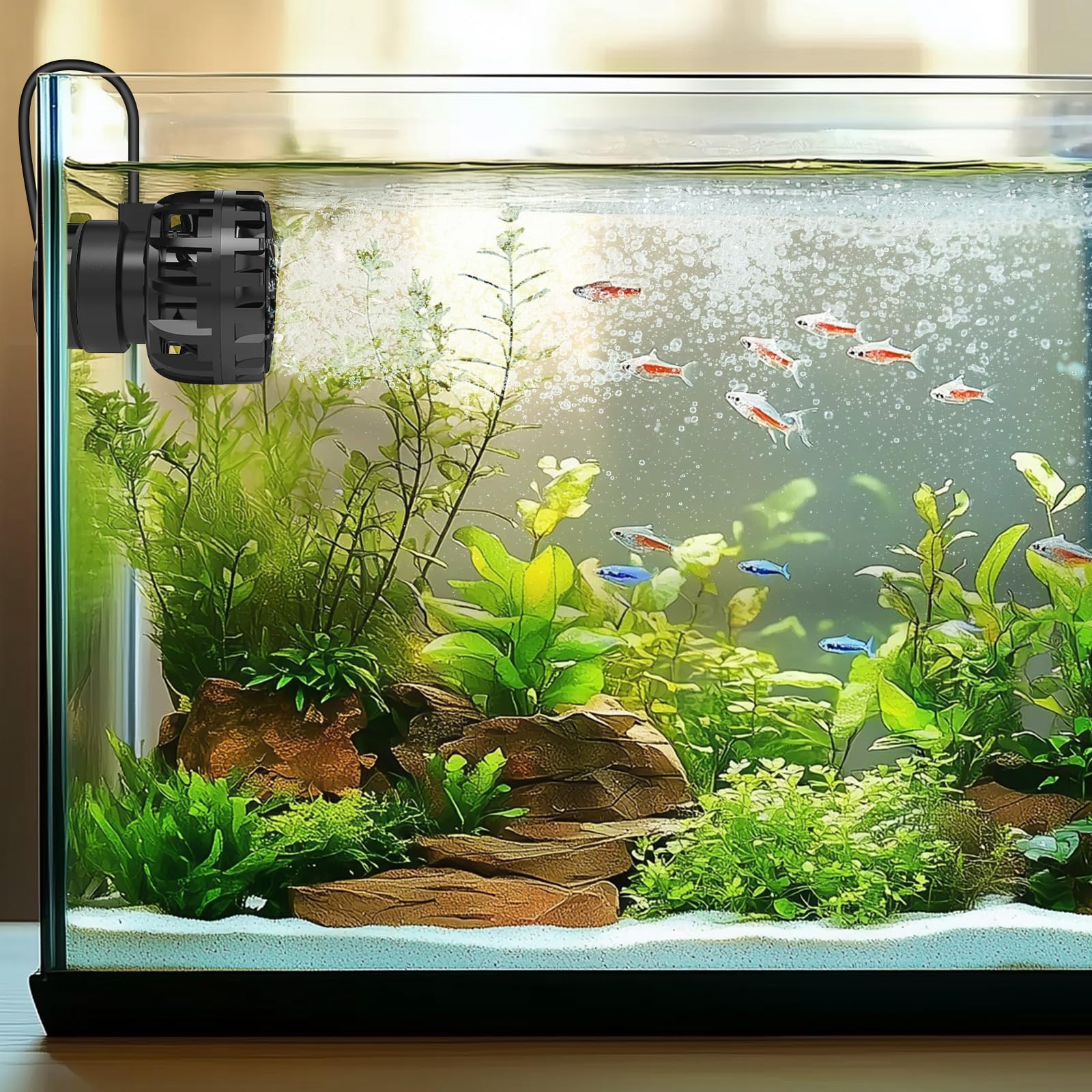 hygger aquarium dans salon montrant intégration esthétique et silencieuse