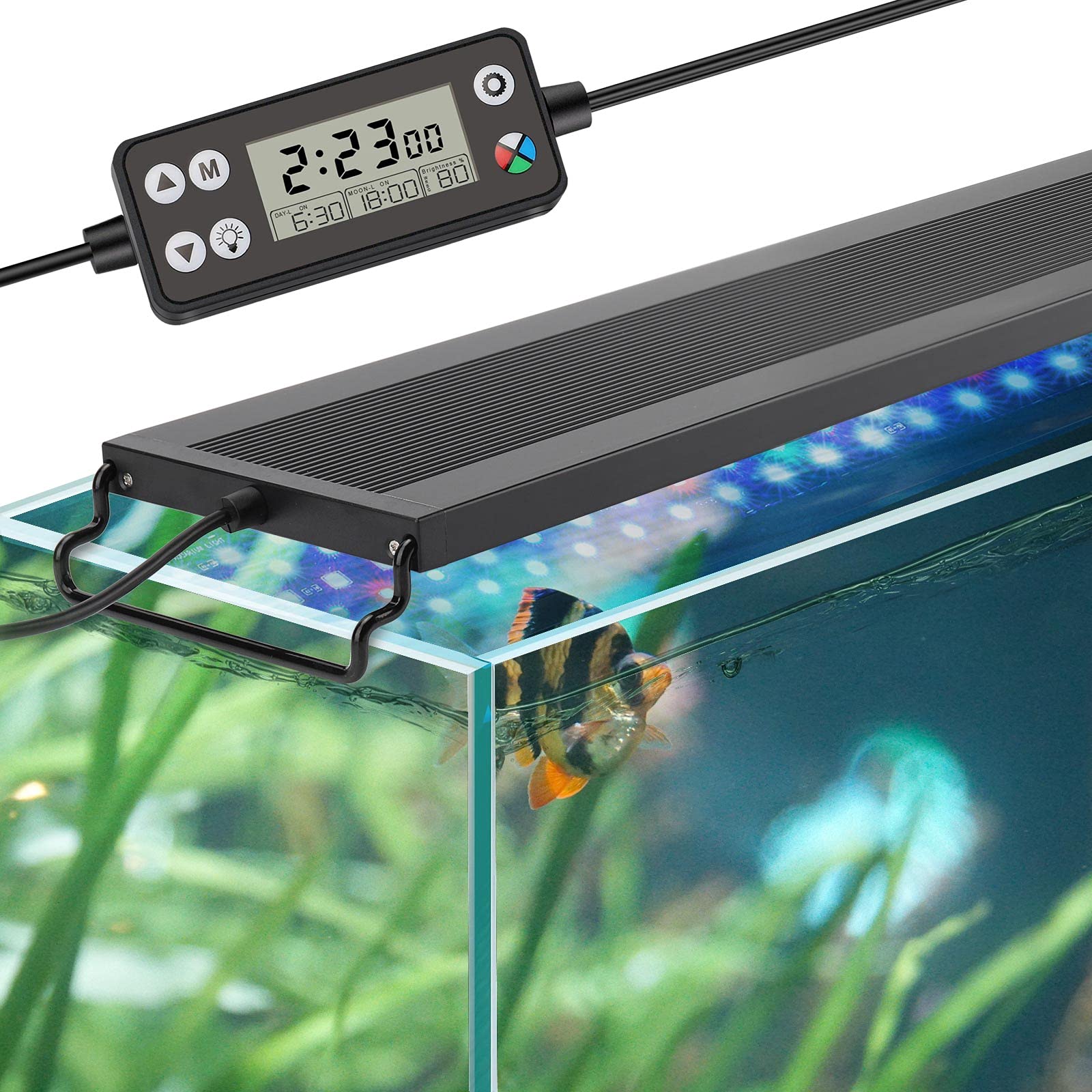 hygger rampe LED face avant montrant le profil et l'éclairage, améliore l'esthétique du bac