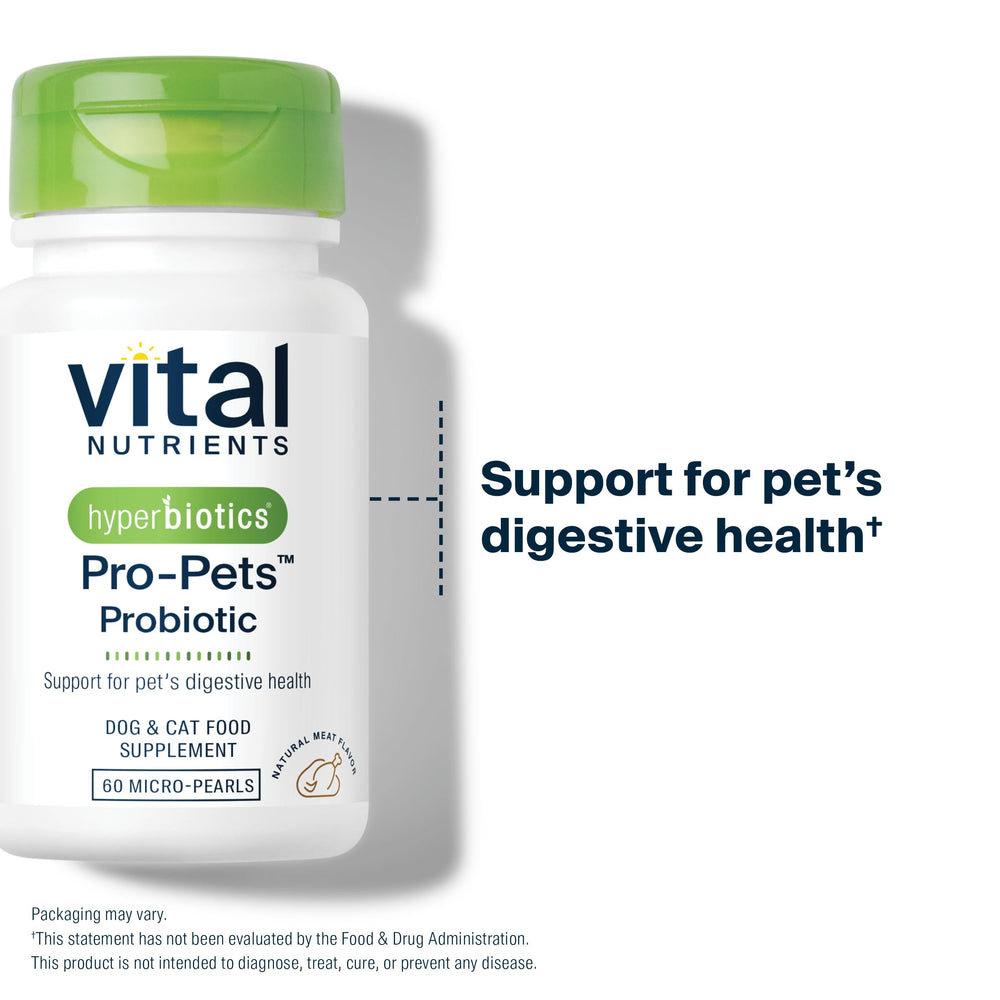Hyperbiotics perles avec chien mangeant, soutien digestion visible