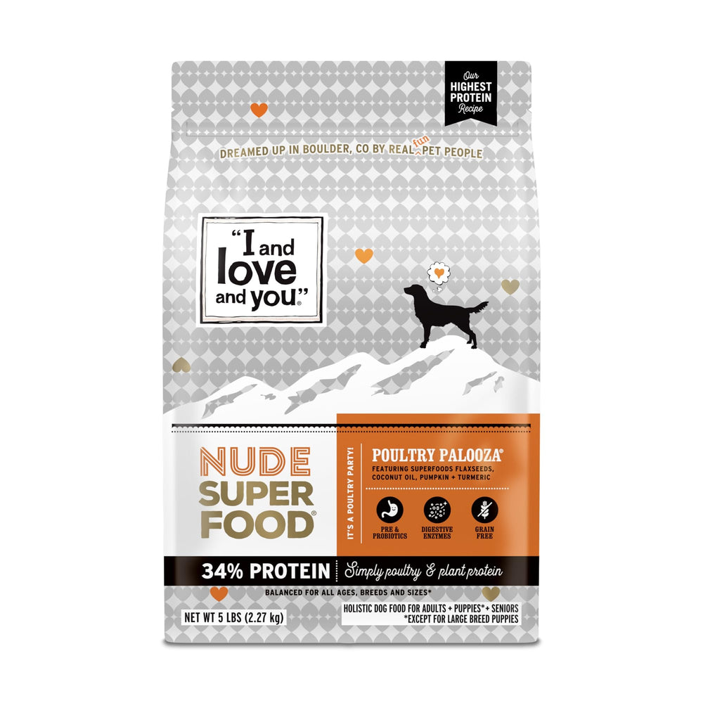 I AND LOVE AND YOU sac Poultry Palooza 5 lb montrant emballage frontal et bénéfice praticité