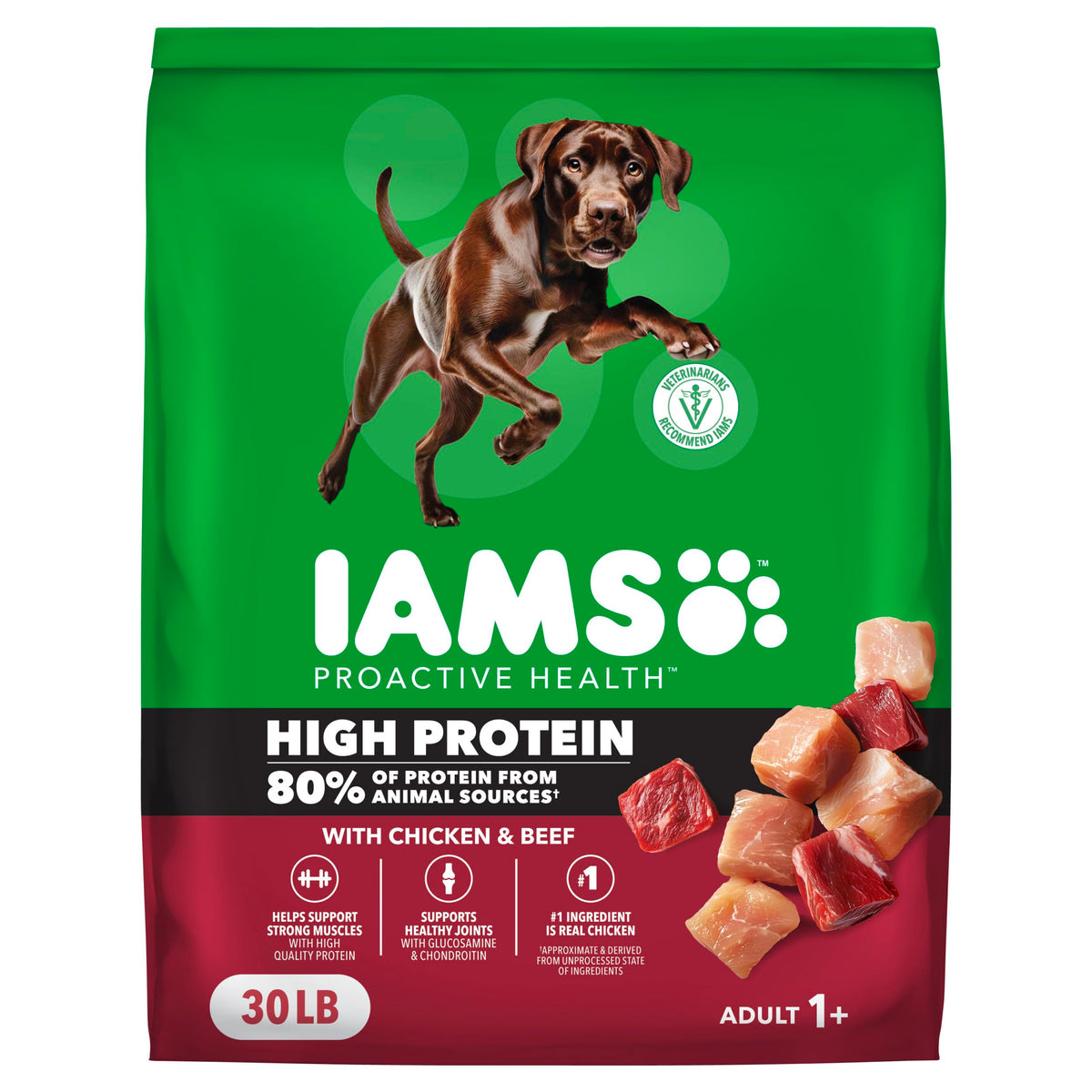 IAMS sac 30 lb face visible montrant l'étiquette et avantage protéique