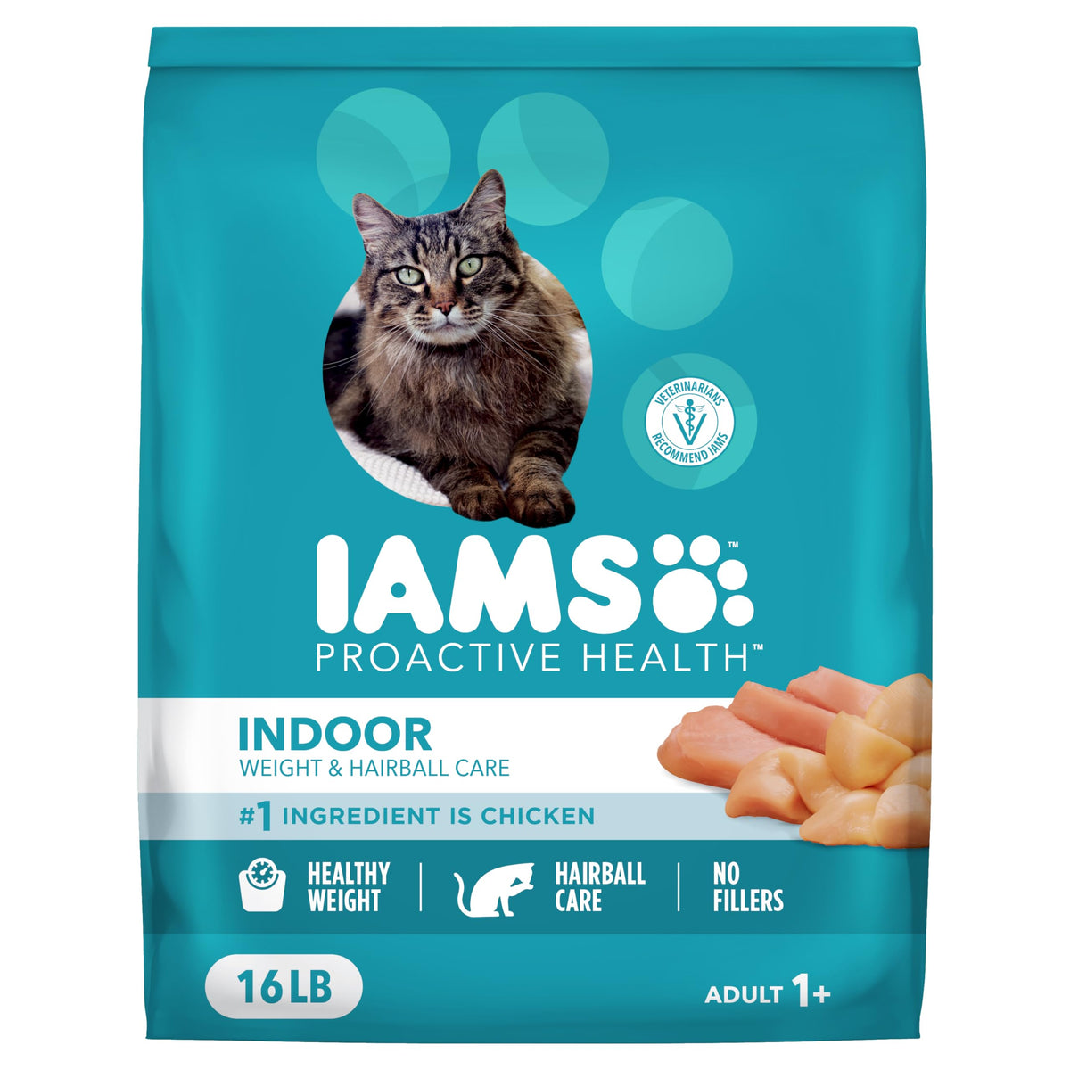 IAMS emballage 16 lb face montrant la marque et bénéfice poids sain