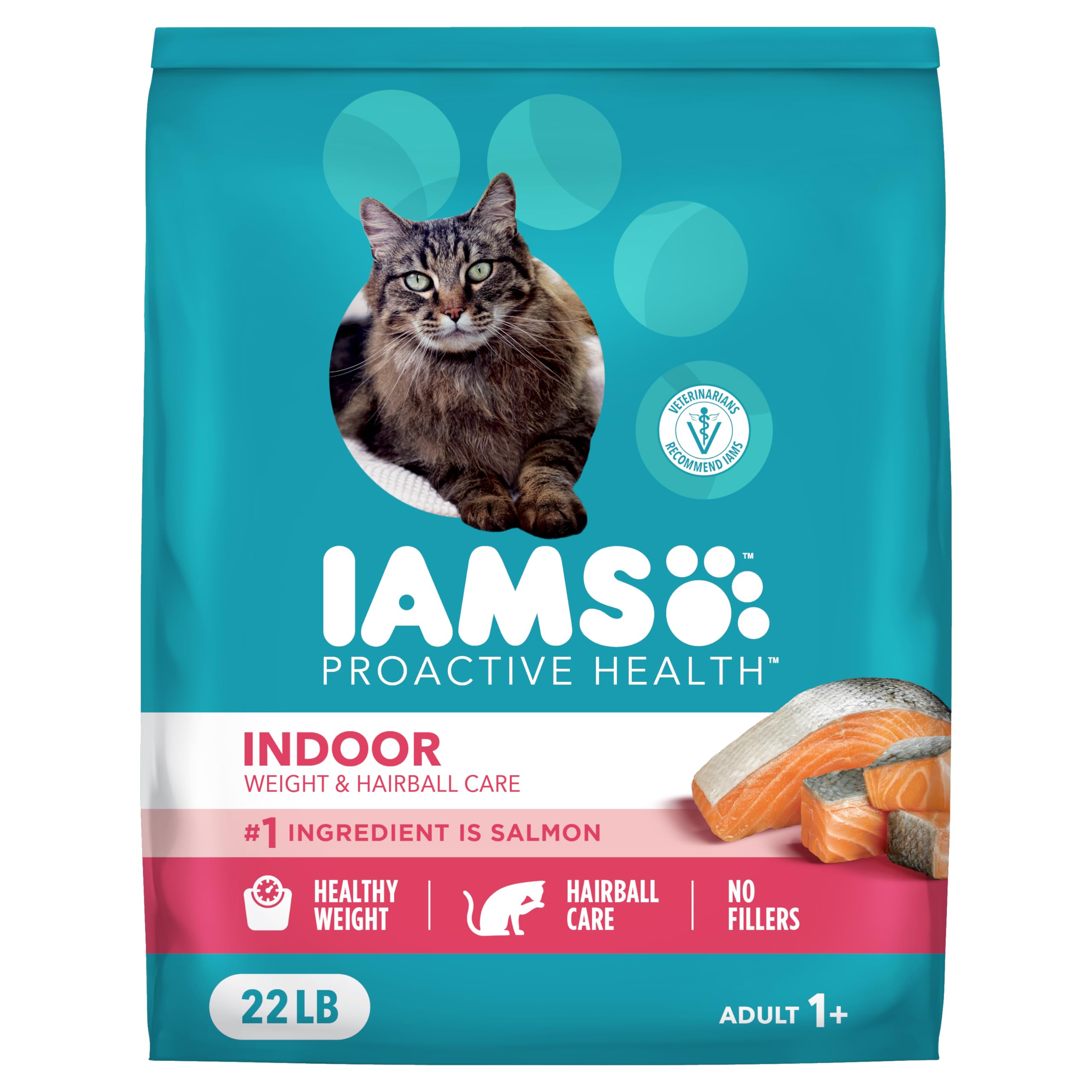 IAMS emballage 22 lb vue de face montrant la formule au saumon bénéfique