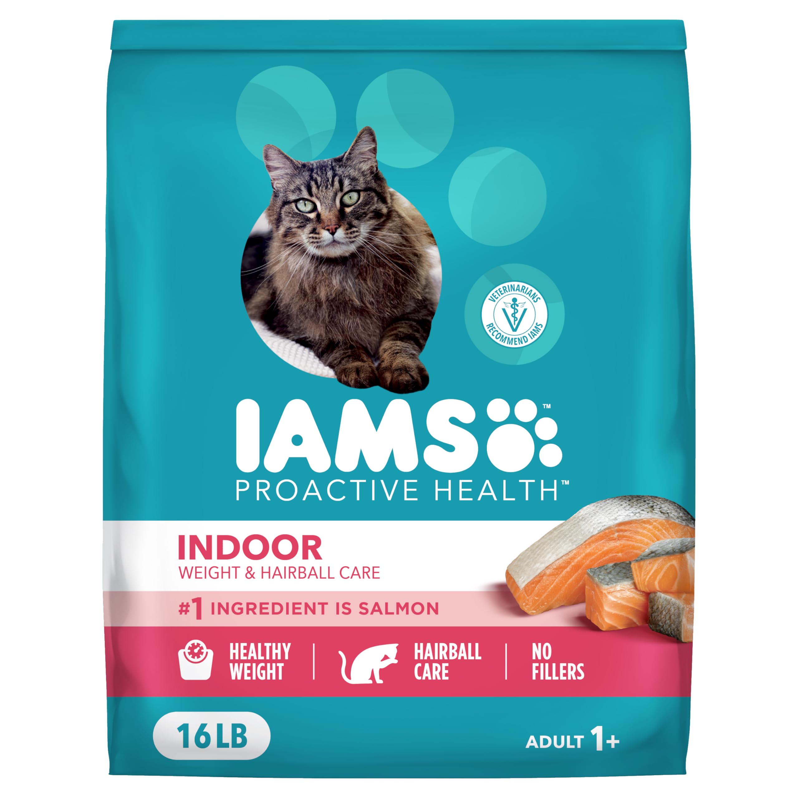 IAMS emballage avant 16 lb montrant formule saumon bénéfice nutrition complète