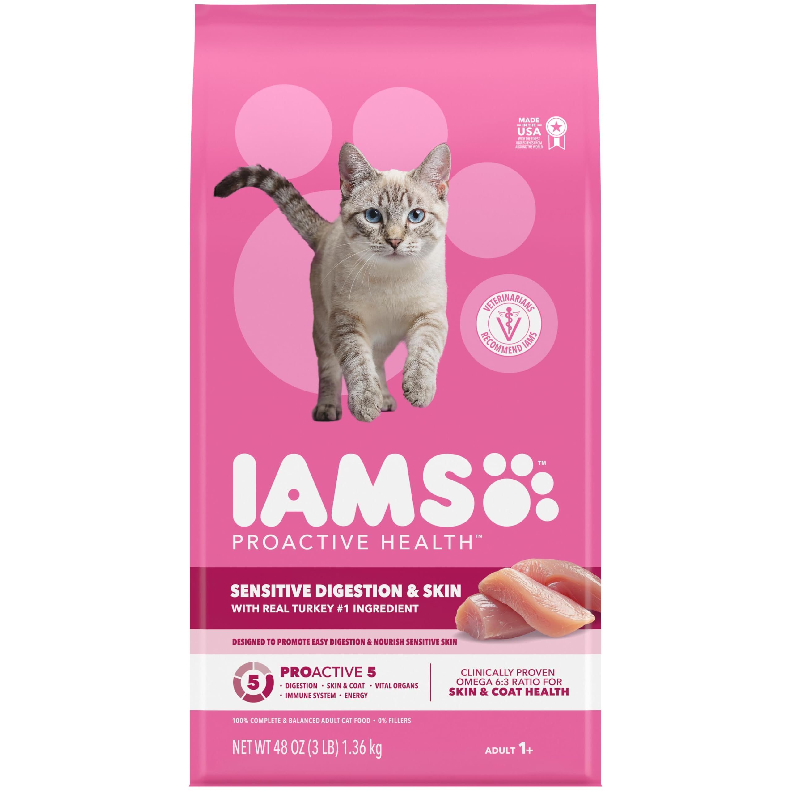 IAMS emballage avant 3 lb avec dinde, rassure sur qualité protéique