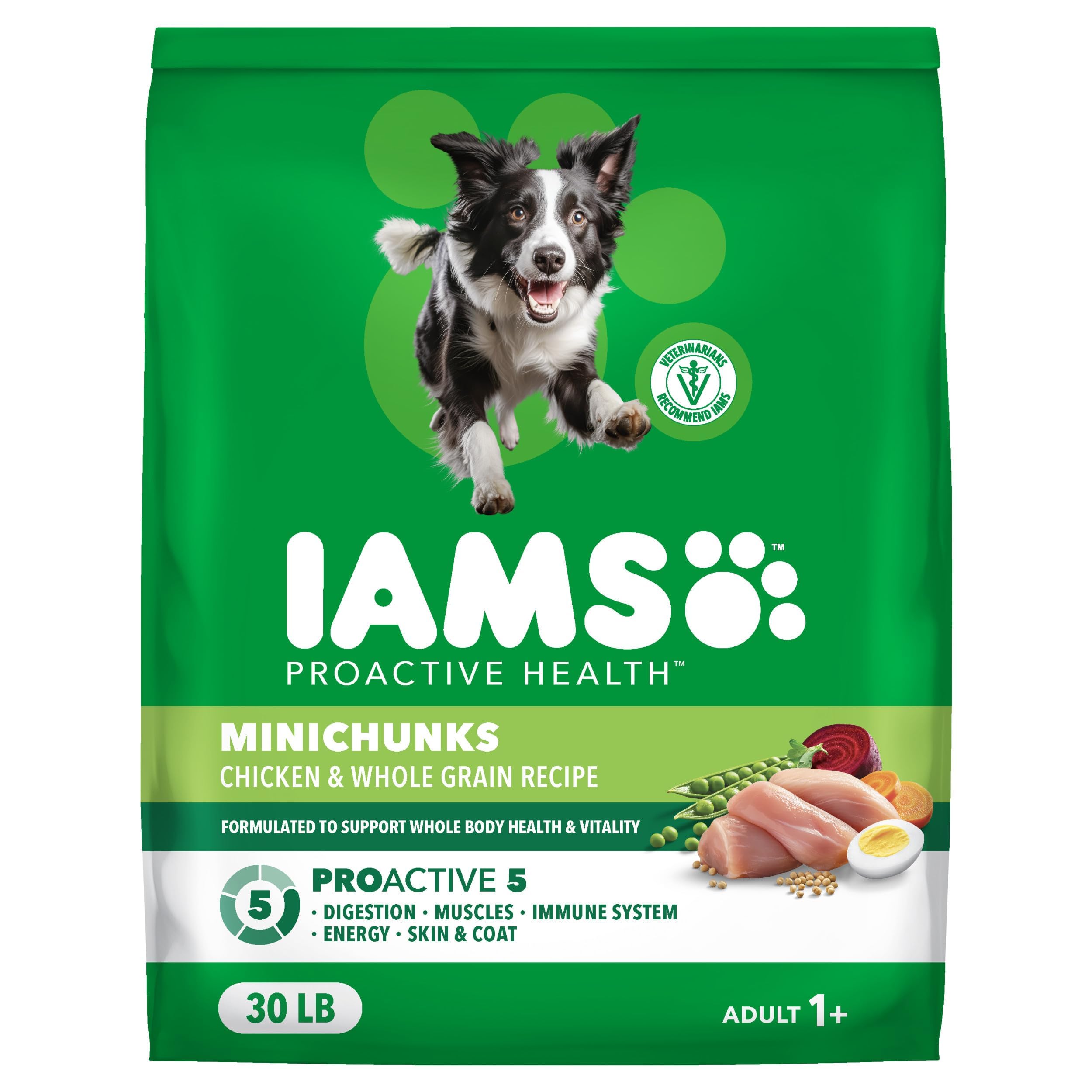 IAMS emballage avant Minichunks montrant la formule poulet pour confiance