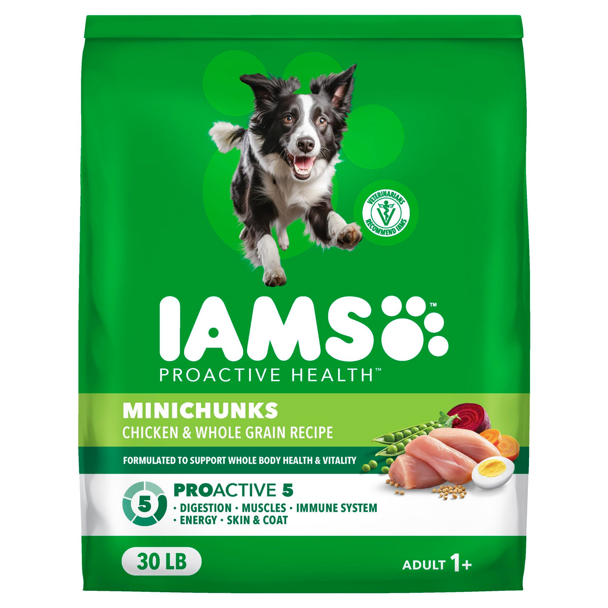 IAMS emballage avant Minichunks montrant la formule poulet pour confiance