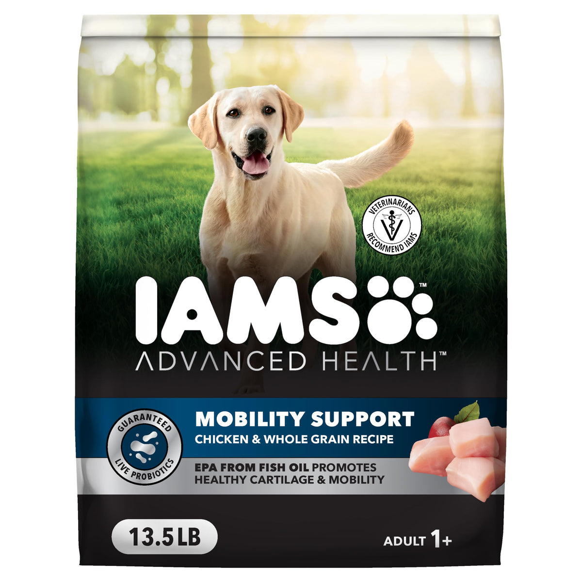 IAMS emballage avant poulet 13,5 lb montrant la formule mobilité et nutrition