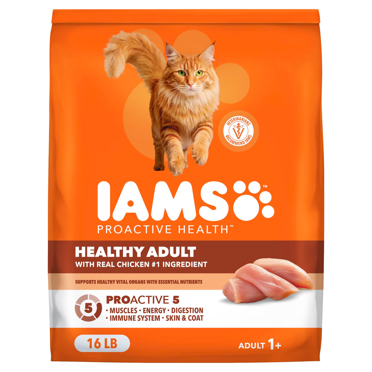 IAMS emballage avant poulet montrant formule et bénéfices