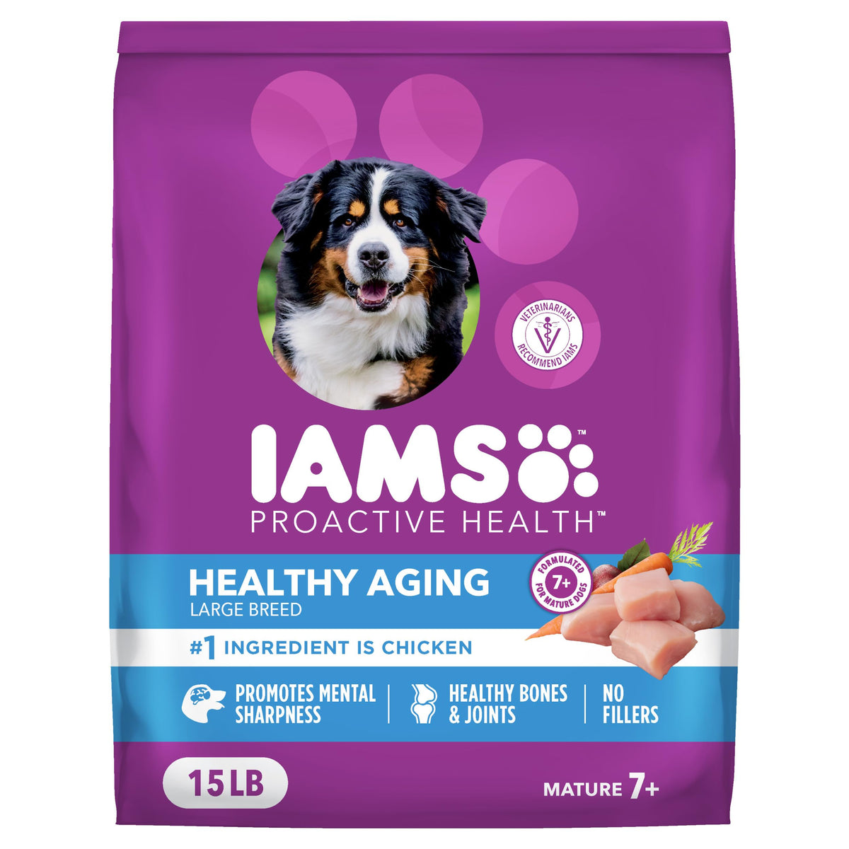IAMS emballage avant poulet réel montrant bénéfice nutritionnel