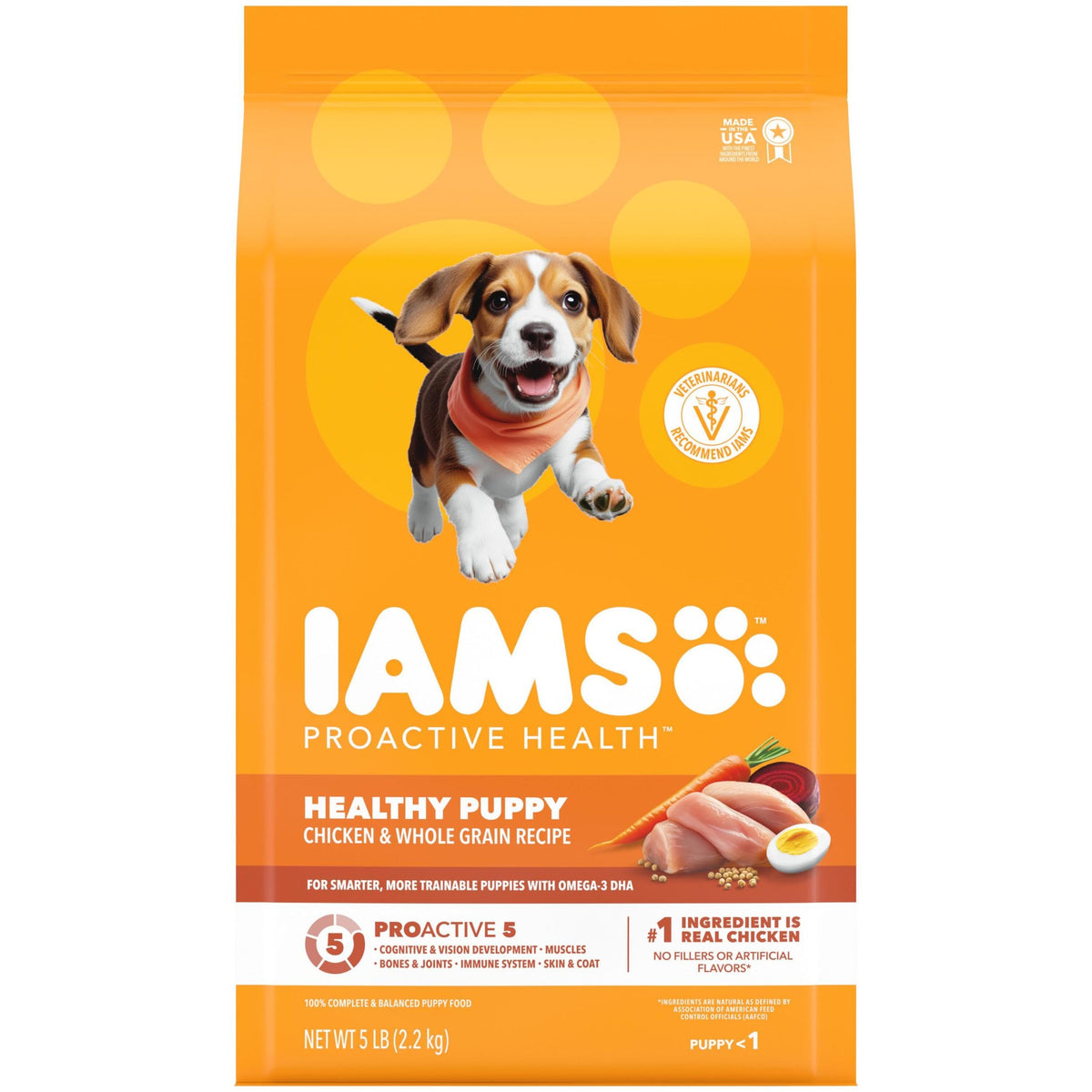 IAMS emballage avant Puppy Poulet & Riz montrant la recette et avantages