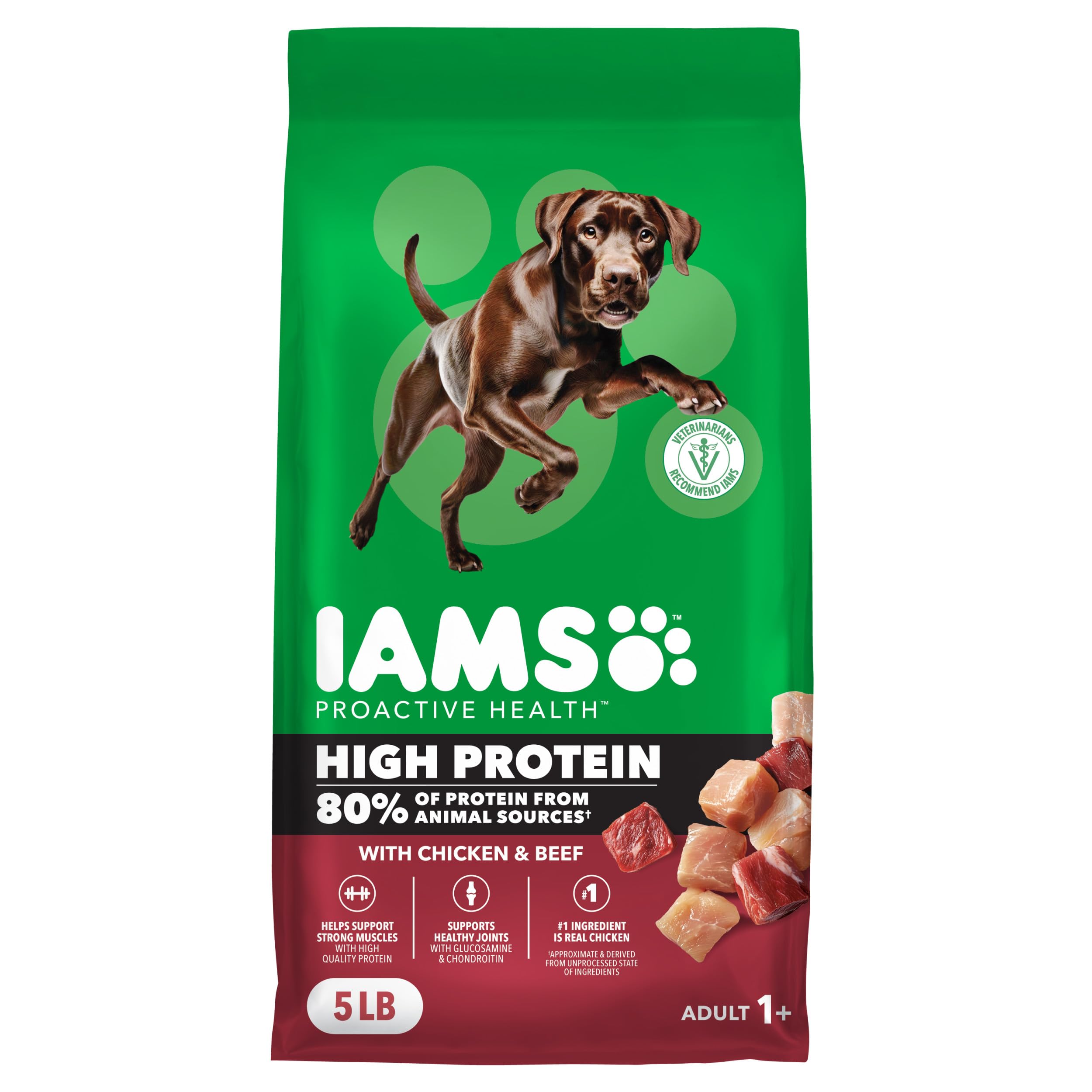 IAMS emballage avant montrant recette poulet et bœuf, rassurant pour la qualité
