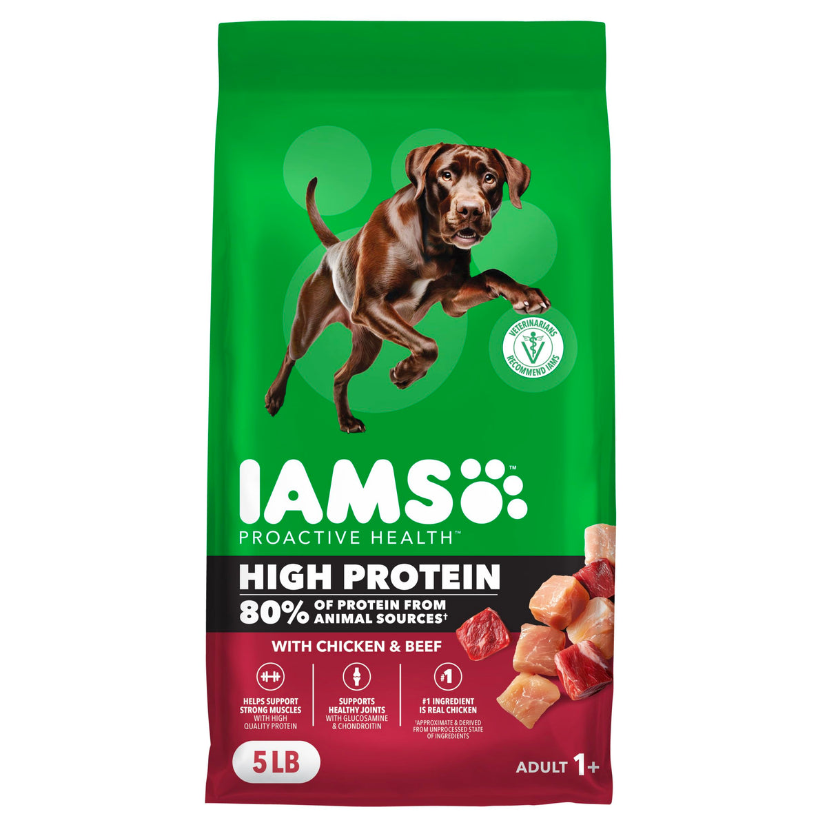 IAMS emballage avant montrant recette poulet et bœuf, rassurant pour la qualité