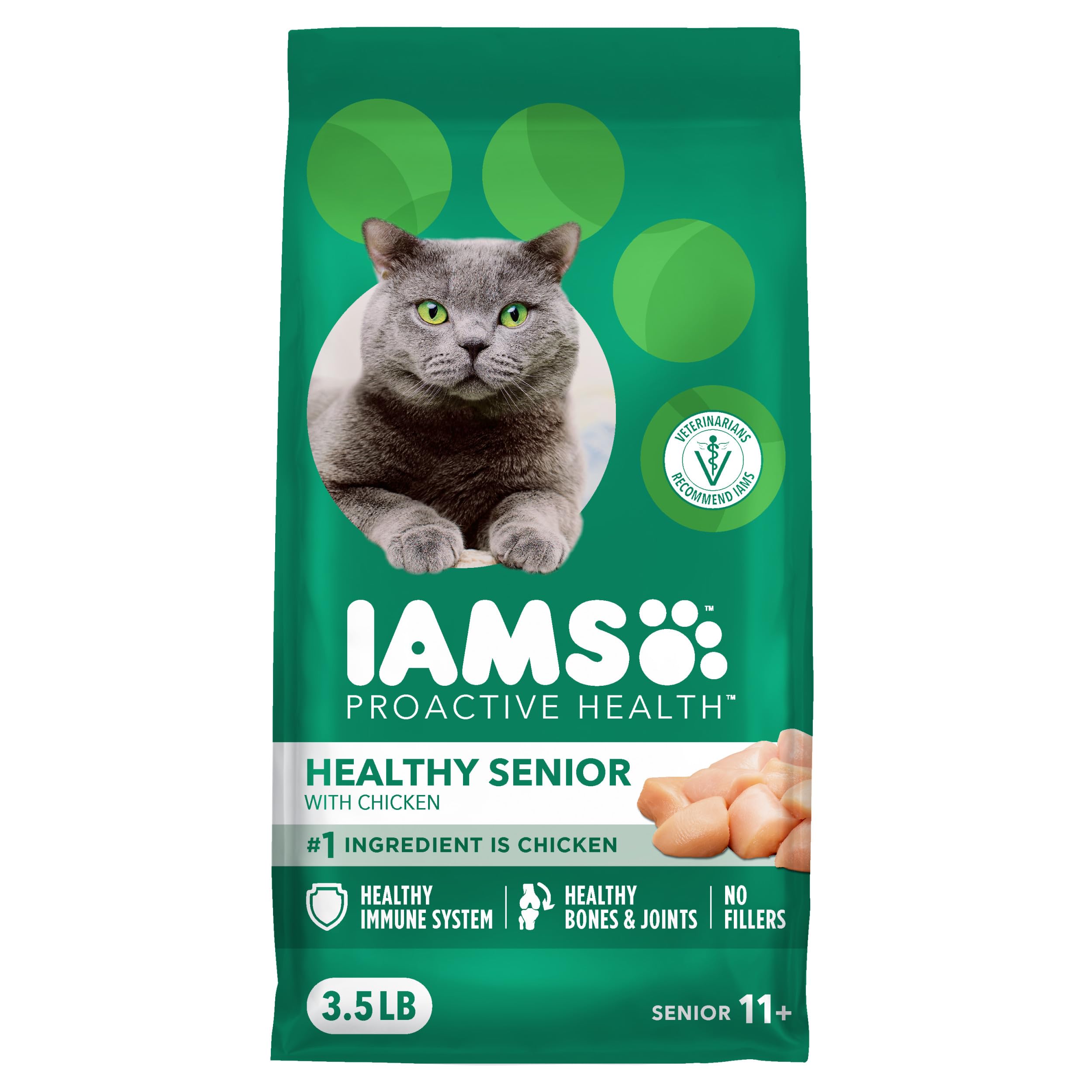 IAMS emballage face poulet 3,5 lb montrant recette senior et bénéfices