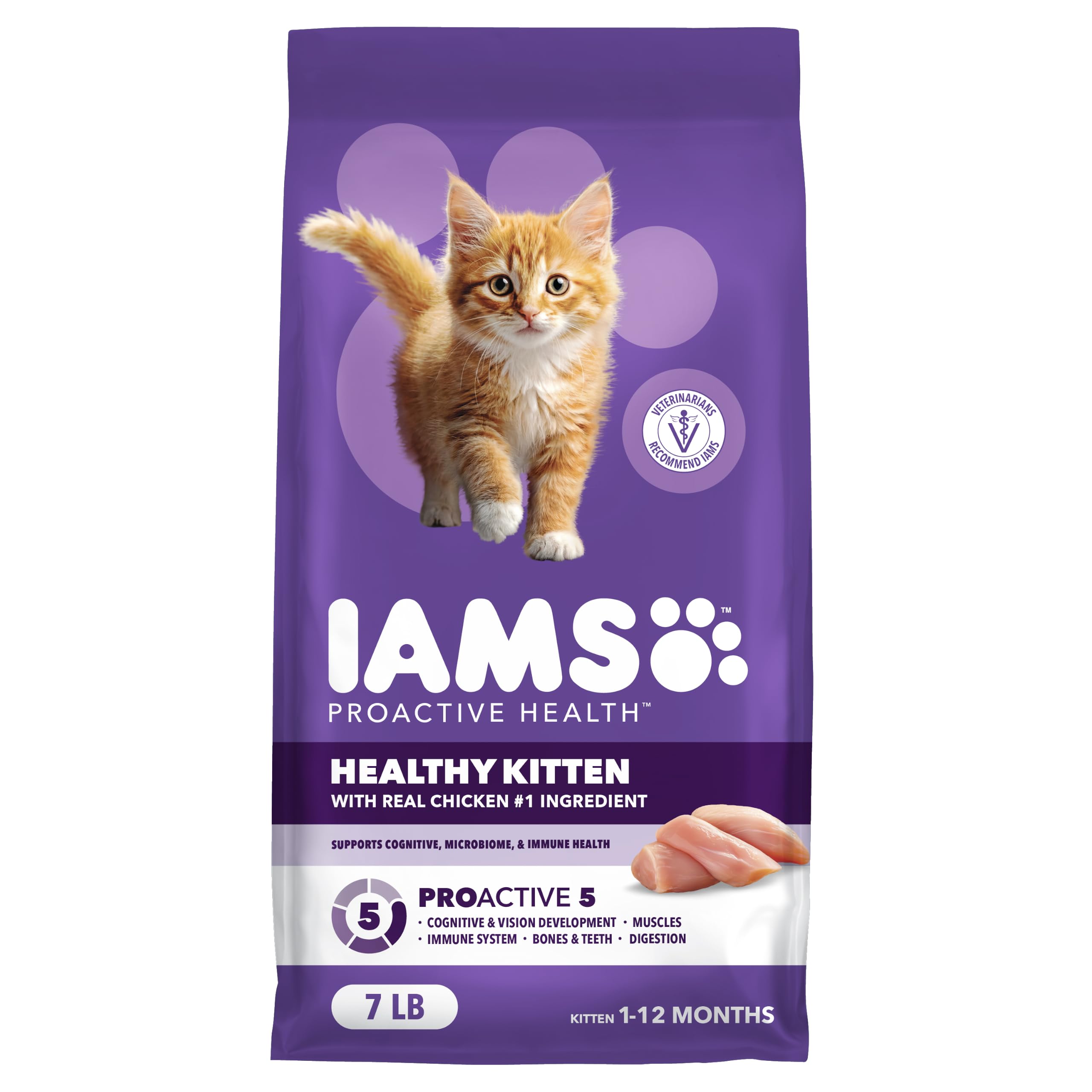 IAMS emballage face montrant la recette pour chaton et bénéfice nutritionnel