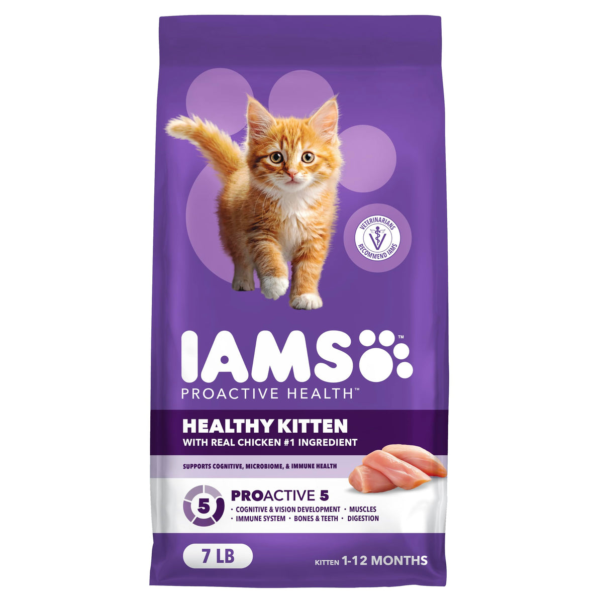 IAMS emballage face montrant la recette pour chaton et bénéfice nutritionnel