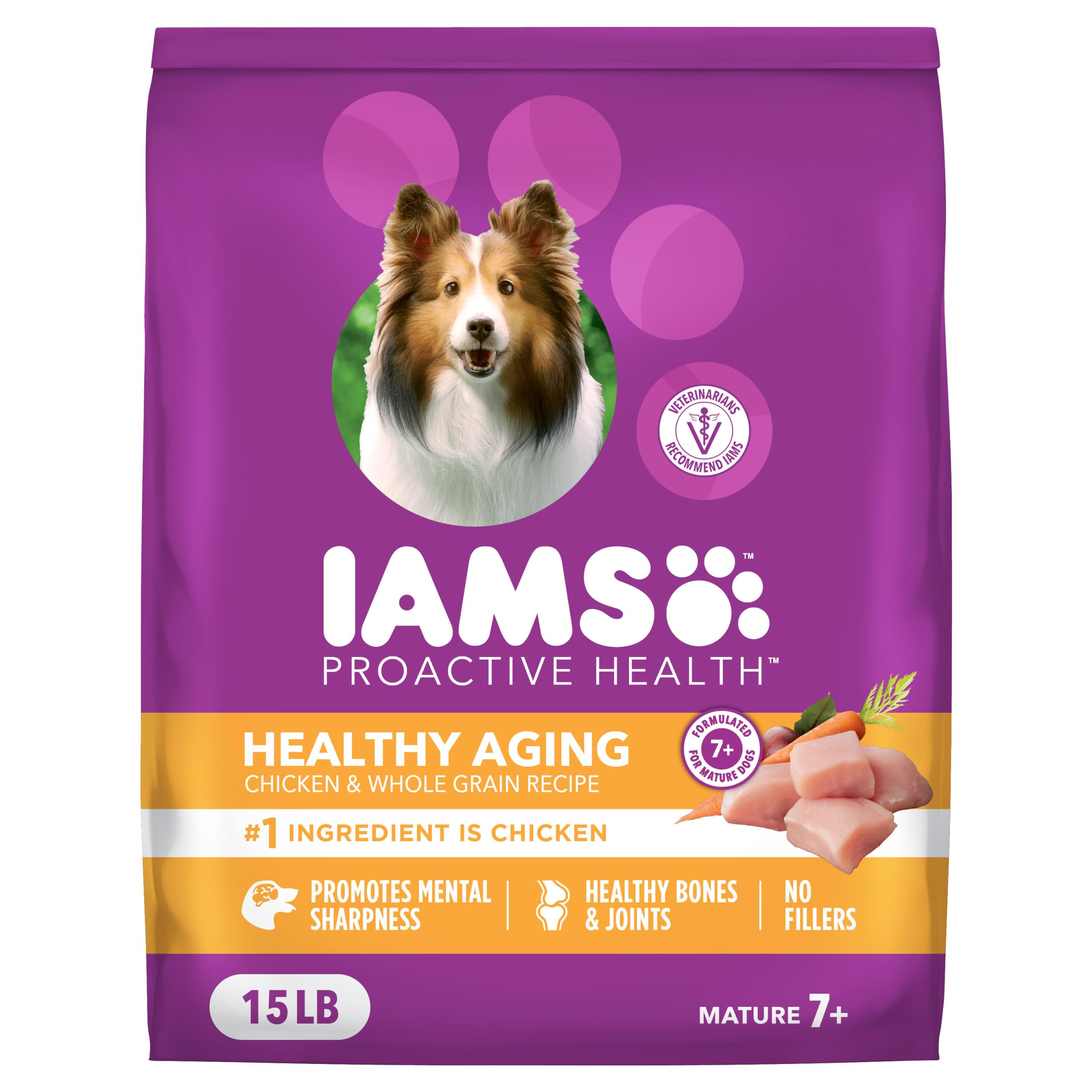 IAMS sac avant montrant poulet réel et formule senior bénéfice énergie
