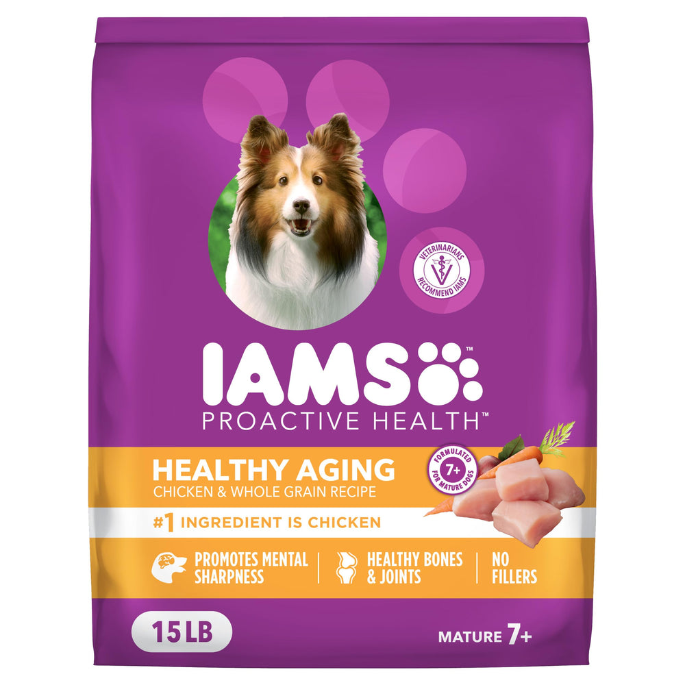 IAMS sac avant montrant poulet réel et formule senior bénéfice énergie